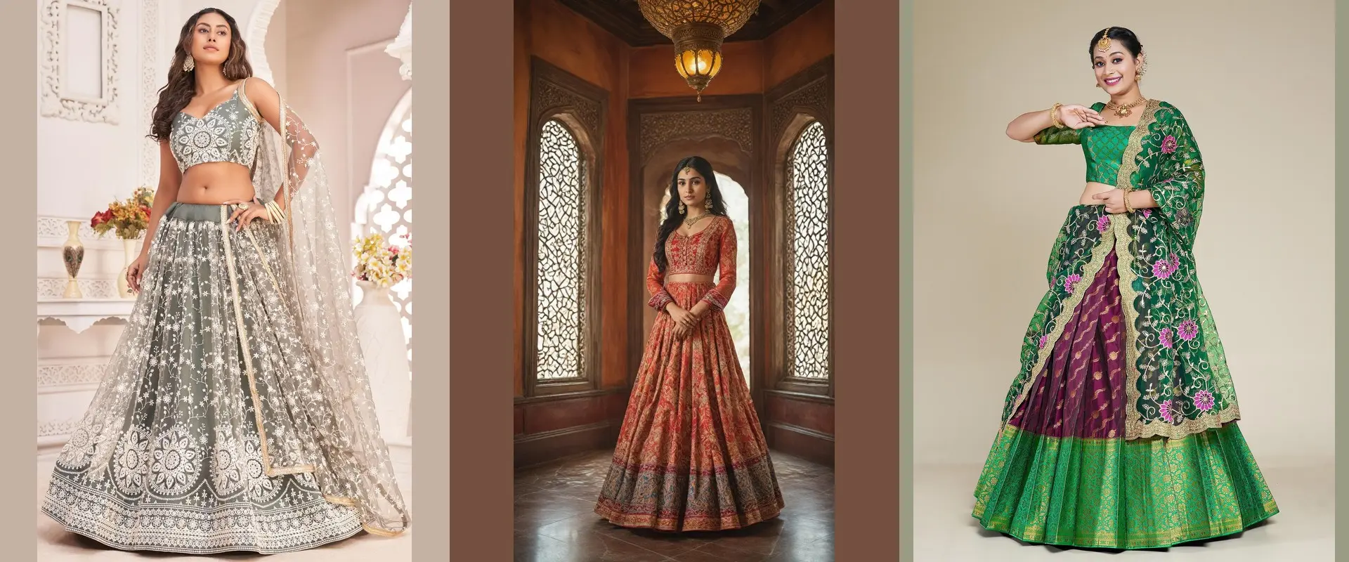 Affordable Indian lehenga collection featuring grey, red, and green embroidered designs from Luvruvi